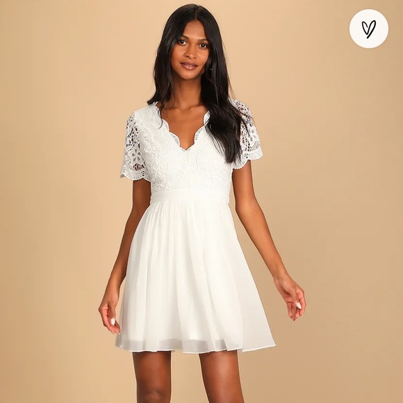 chinese dress ladies White Lace Sheer Detail Plunge Skater Dress